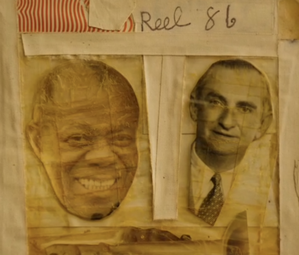 Collage of Armstrong, manager Joe Glaser, and a trumpet