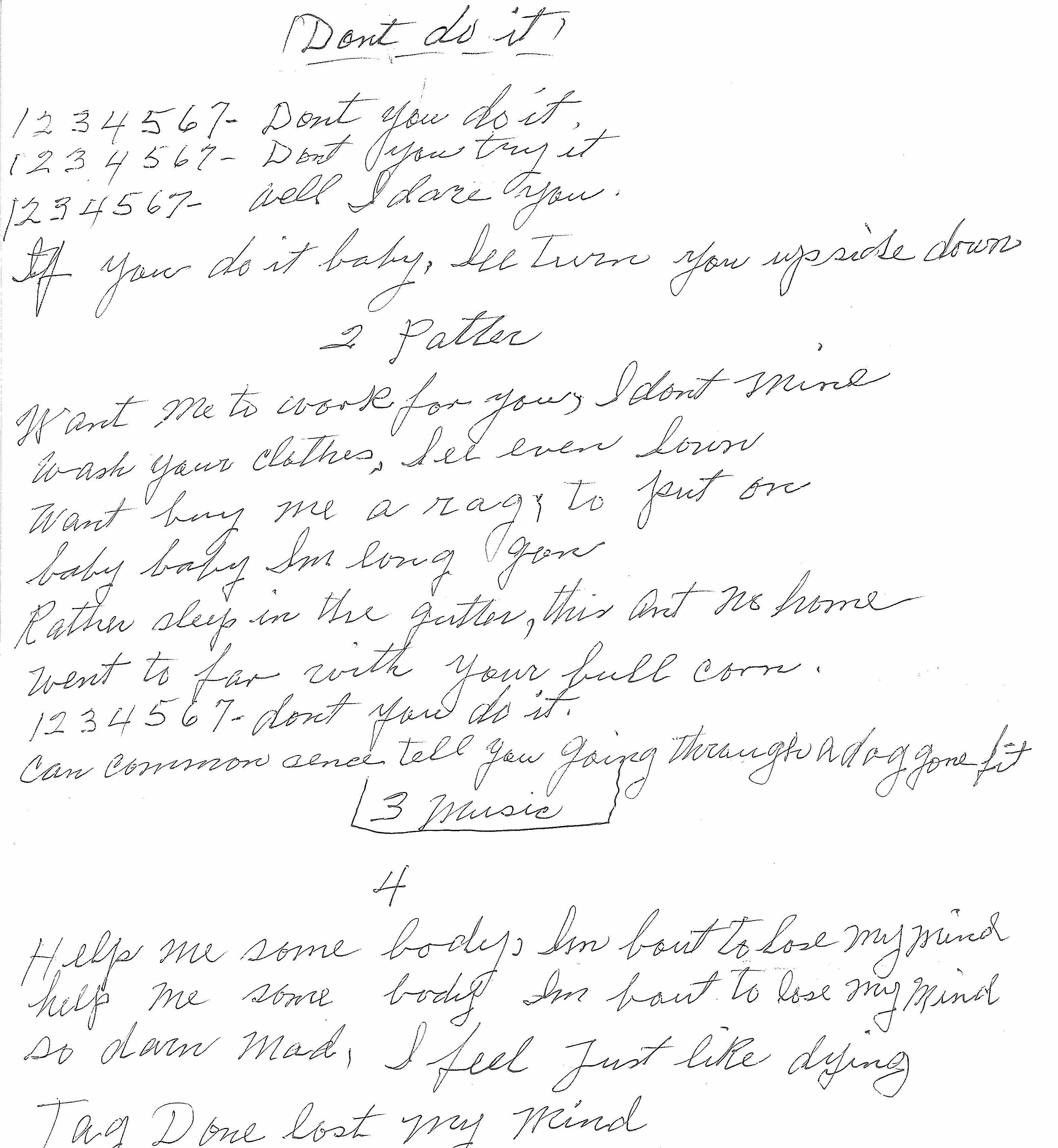 draft lyric sheet