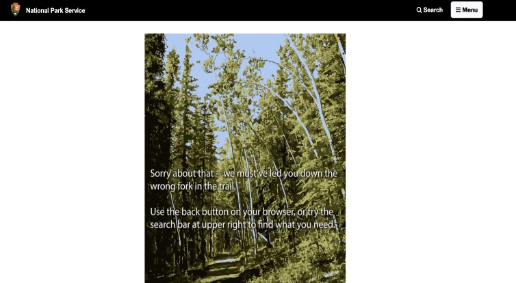 Image of a path with text that reads Sorry about that &ndash; we must&rsquo;ve led you down the wrong fork in the trail. Use the back button on your browser, or try the search bar at the upper right to find what you need