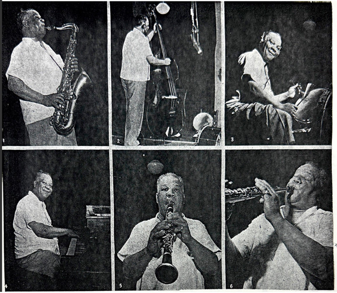 six images of Bechet with him playing different instruments in each