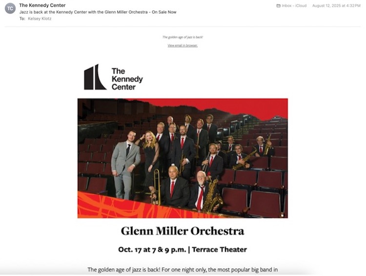 Promotional email screenshot showing an all white Glenn Miller Orchestra with the tagline The golden age of jazz is back!